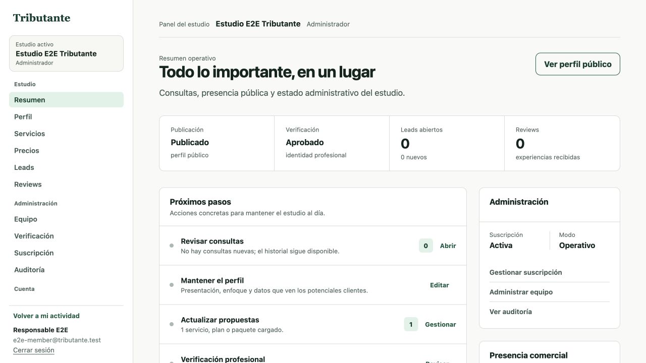 Panel de gestión de un estudio contable en Tributante